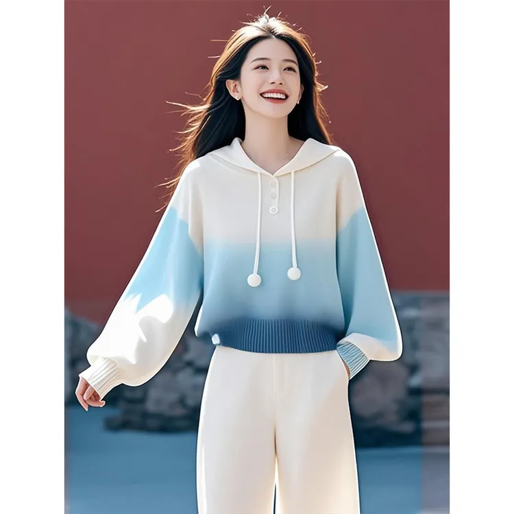 时尚设计感拼色百搭连帽针织衫上衣女士2025春季新款韩系休闲毛衣