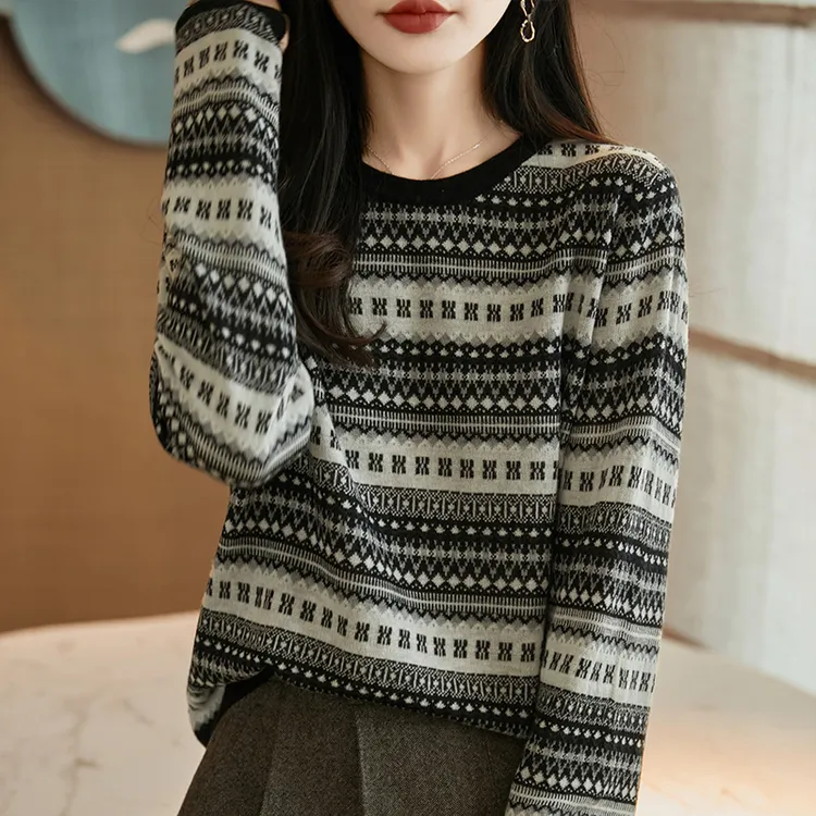 品牌时尚秋冬新款条纹针织衫t恤圆领百搭宽松显瘦长袖打底衫毛衣