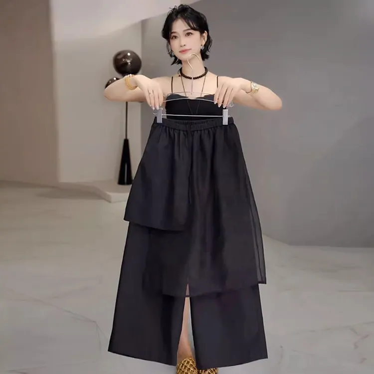 黑色网纱拼接屁帘休闲裤女夏薄款大码显瘦小个子通勤直筒山本裤裙