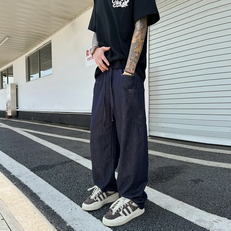 【UNAPS】自留~夏日凉感莱赛尔天丝弯刀牛仔裤男女薄款松紧腰直筒裤