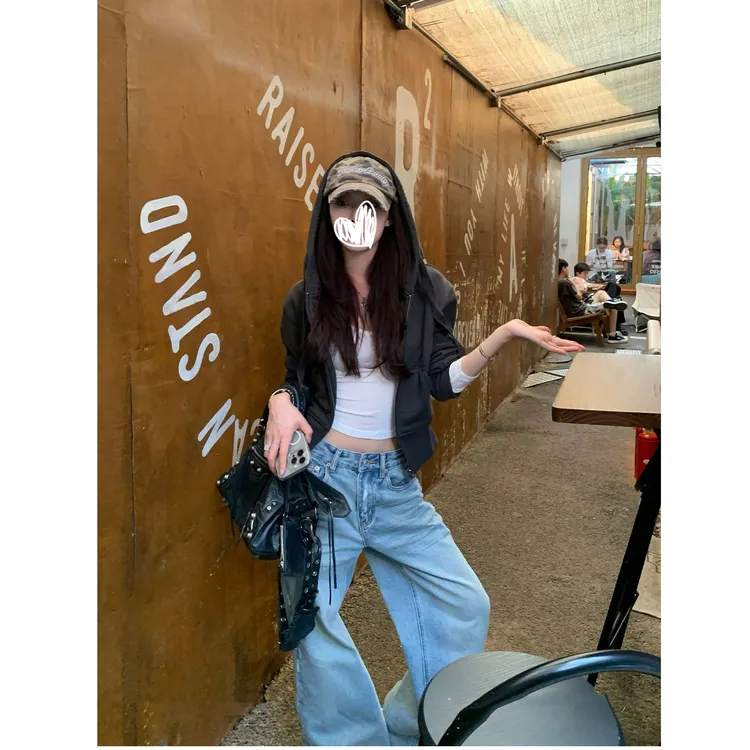 初秋傍晚慵懒短款连帽卫衣外套女A1270