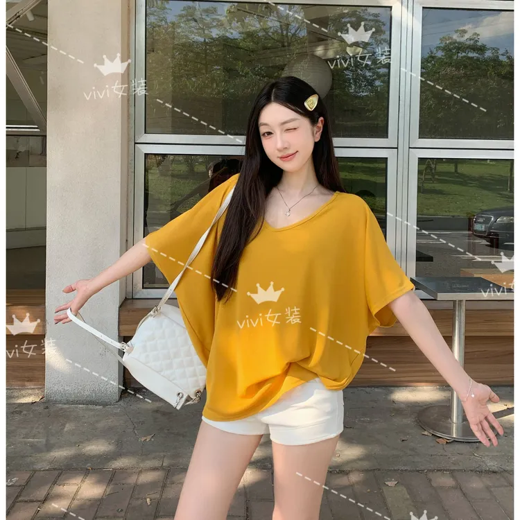 纯欲慵懒风宽松蝙蝠袖V领斜肩短袖辣妹 微透凉感薄款罩衫