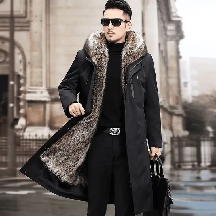 高级轻奢 美洲貉子毛内胆 派克服男士 内胆可拆卸 1.15米长款大衣