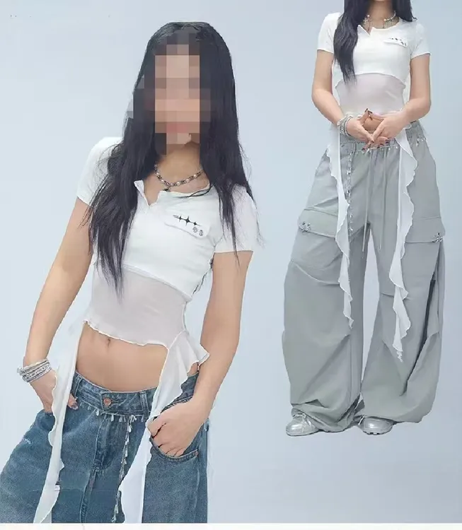 潮牌街舞网纱流苏飘逸爵士辣妹短袖T恤kpop跳舞轻盈夏短款上衣女