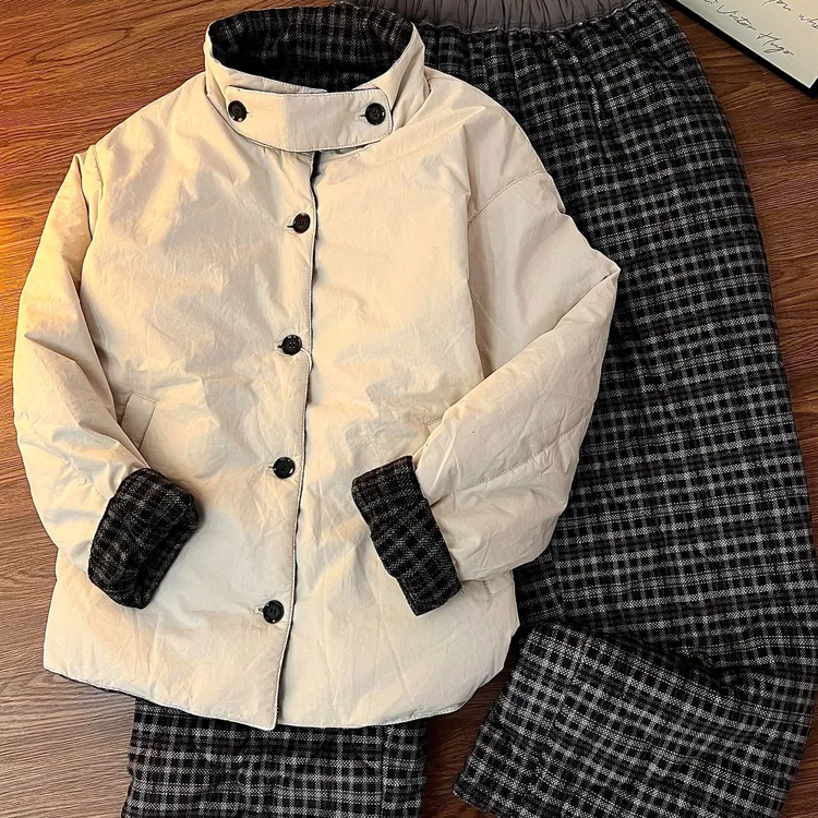 慵懒风简约格纹夹棉睡衣女冬季宽松舒适加厚保暖家居服套装可外穿