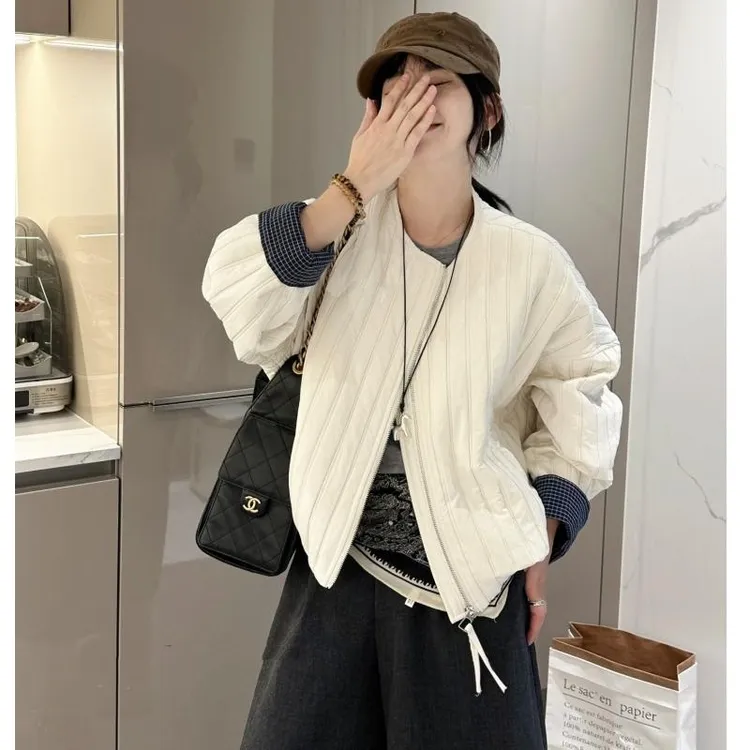 韩版格子拼接棉服外套女2025秋冬季新款休闲宽松绗线棉衣