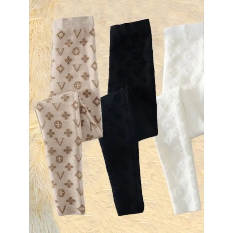 米白水貂绒提花休闲打底裤女秋冬季外穿紧身弹力加厚保暖小脚棉裤