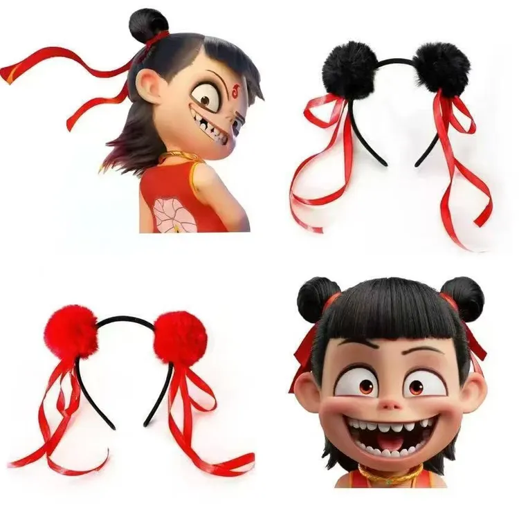 可爱哪吒发箍毛球丸子头发卡搞怪拍照道具新年头饰