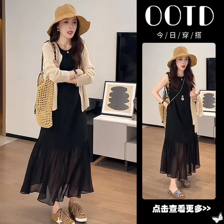 超火早秋穿搭一整套女2025新款韩版针织开衫拼接网纱连衣裙两件套