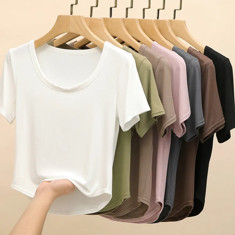 严选白色短袖t恤女新款春夏季薄款内搭u领打底衫外穿短款上衣