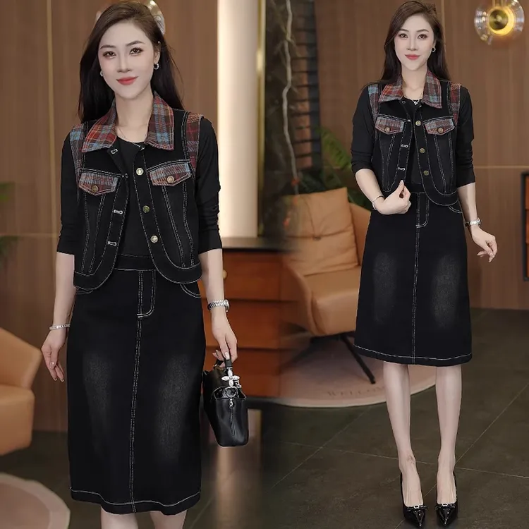时尚牛仔连衣裙套装女2025秋季新款洋气显瘦拼接上衣半身裙两件套