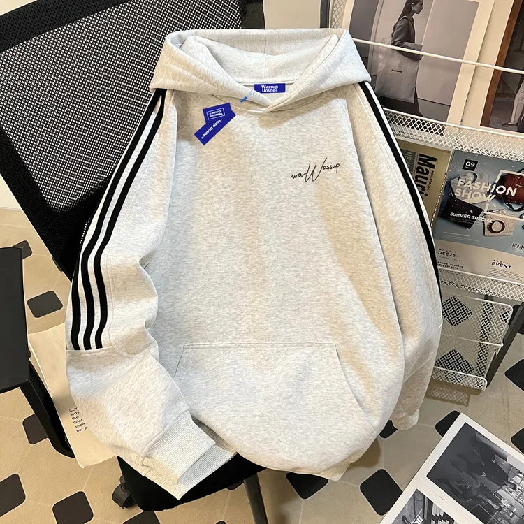 百搭复古连帽卫衣男2025新款hiphop小众痞帅高街设计感三条杆外套
