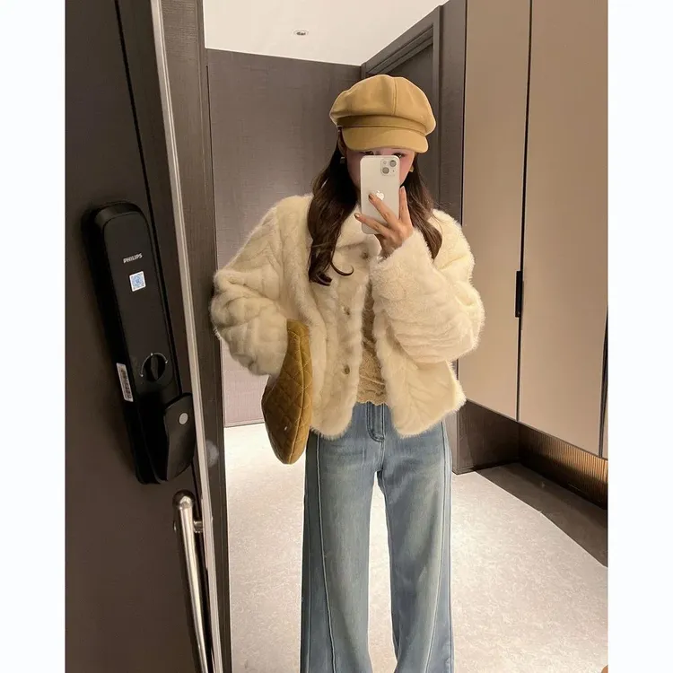 高级感金叶貂短款小个子翻领毛毛绒宽松韩版皮毛一体仿皮草外套女