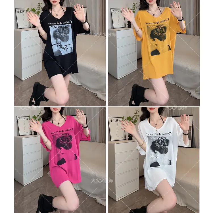 V领大版宽松型印花短袖T恤女夏季新款休闲慵懒风薄款遮臀上衣6851