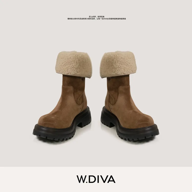 W.Diva【踏雪】冬季复古后拉链加绒厚底保暖牛反绒雪地靴54X303267