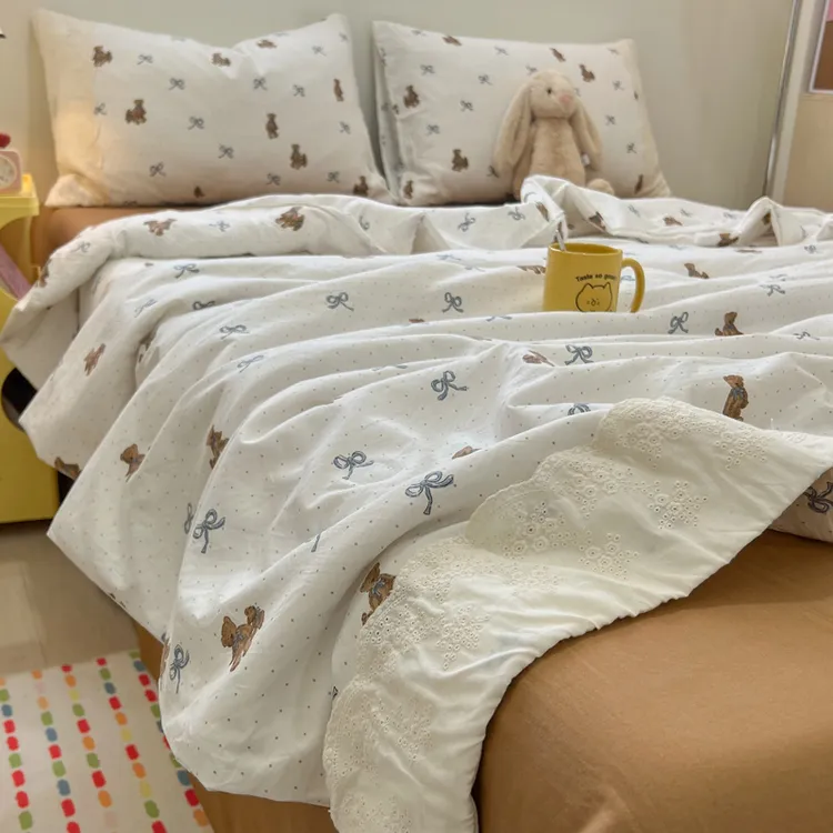 韩系镂空花边水洗棉夏被四件套少女心学生宿舍单人空调薄被超柔软