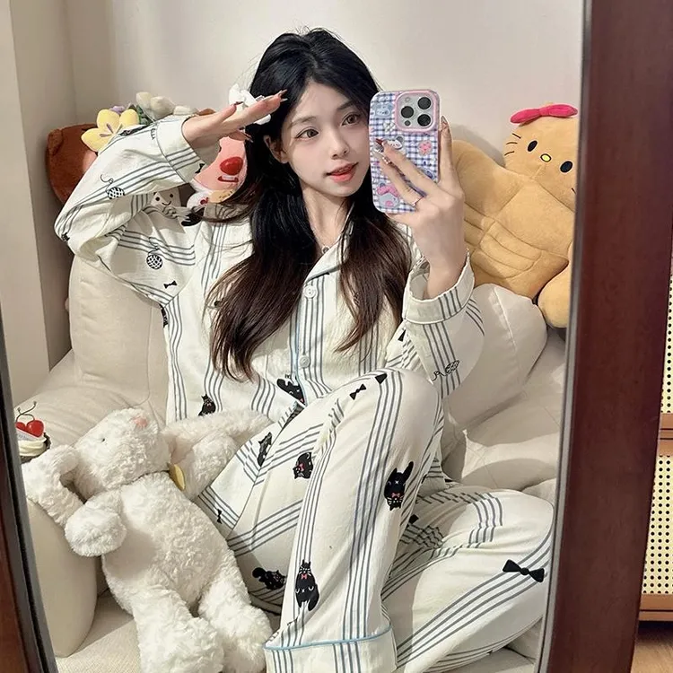 可爱条纹猫咪睡衣女春秋长袖长裤舒适可外穿高级感新款家居服套装