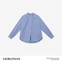 LIURUONAN 25FL【海洋学院】蓝格纹立领褶皱衬衣秋冬宽松长袖衬衫女