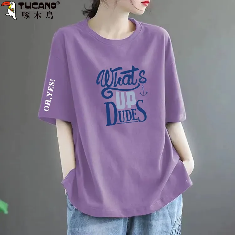 啄木鸟高品质纯棉新款韩版夏季短袖t恤女圆领休闲百搭体恤慵懒风