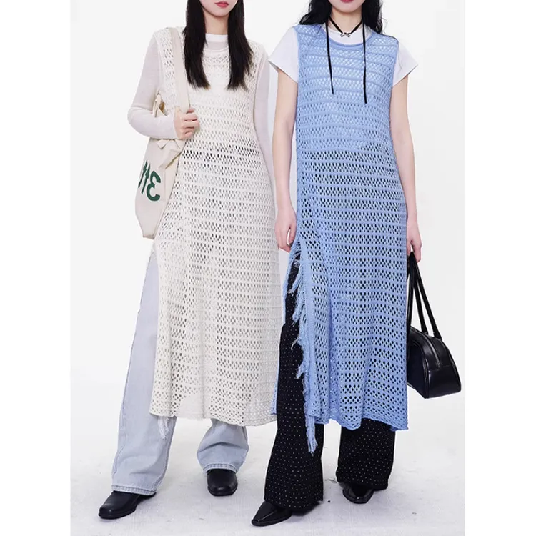 2024夏季新款慵懒风开叉圆领无袖长款韩系百搭镂空针织叠穿连衣裙