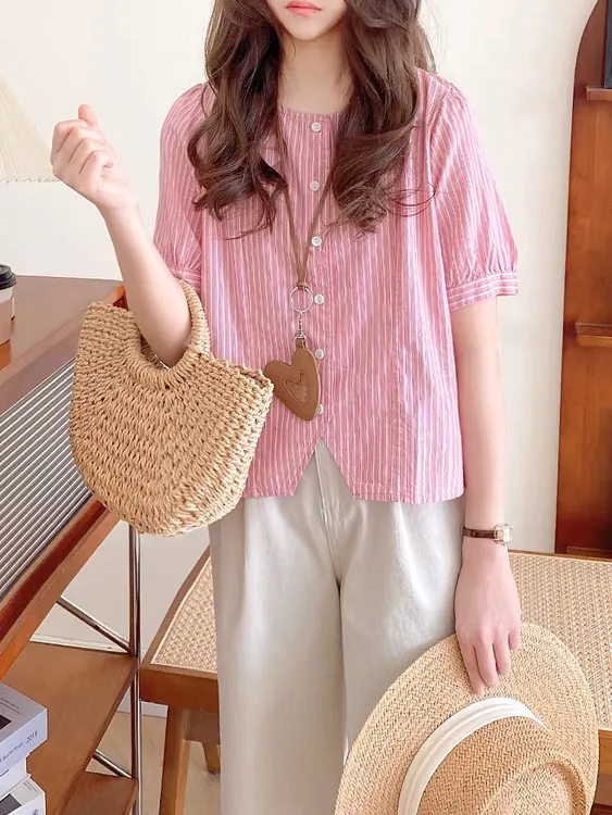 粉色条纹衬衫女上衣2025新款漂亮小衫法式圆领宽松清新短袖上衣棉