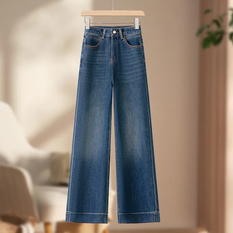 复古蓝牛仔阔腿裤女春秋季2025年新款高腰小个子百搭刺绣直筒裤子