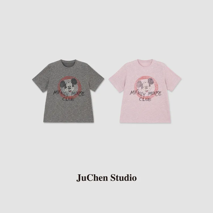 “米奇俱乐部”美式复古做旧卡通图案字母印花圆领短袖T恤 SS123378