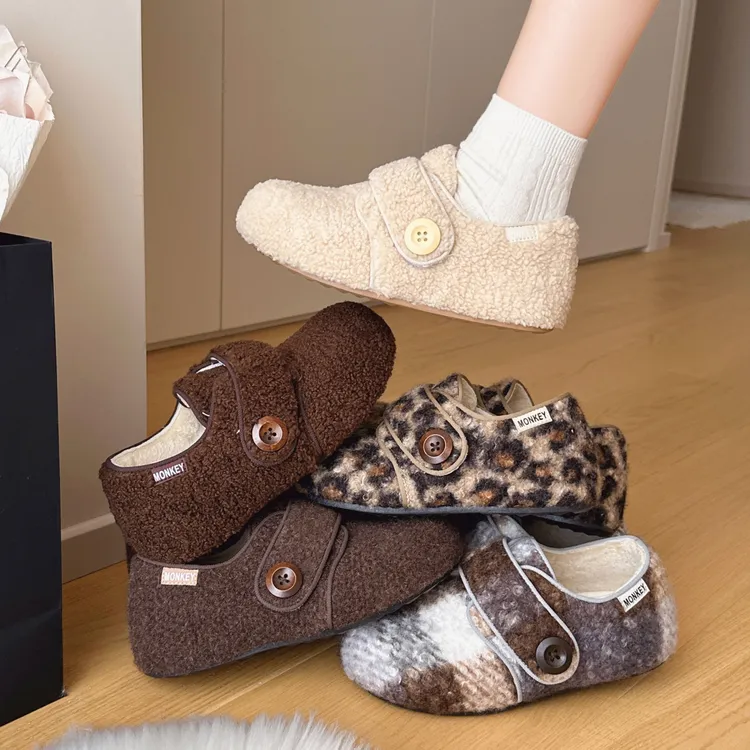 复古加绒毛毛鞋女款2025秋冬保暖魔术贴棉鞋羊羔毛包跟勃肯鞋