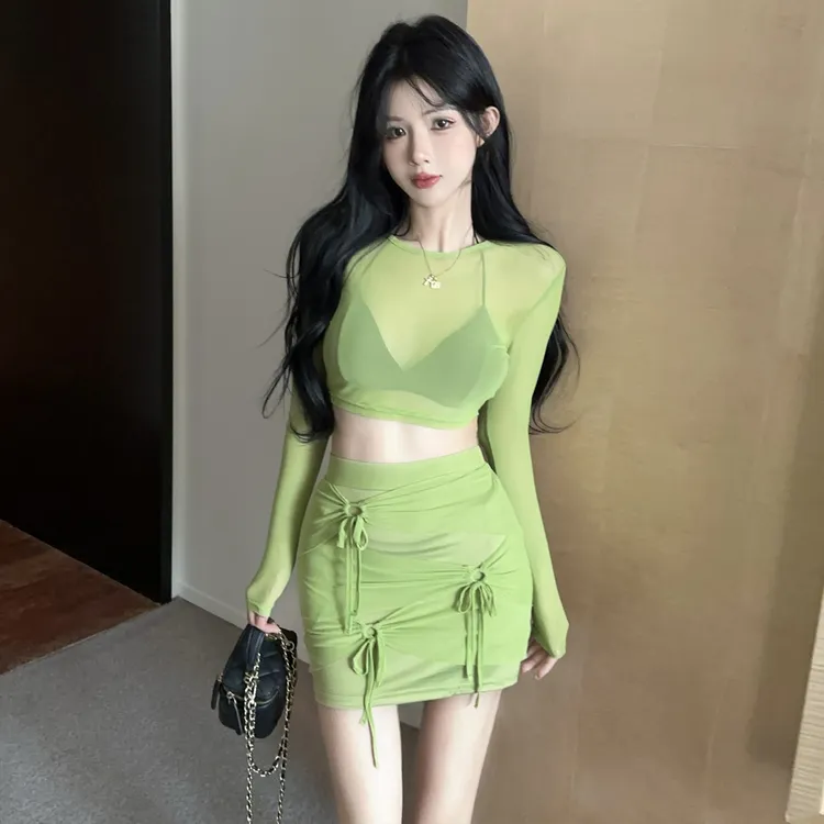 2025秋季新款纯欲辣妹防晒网纱透视长袖短款上衣绑带包臀裙两件套