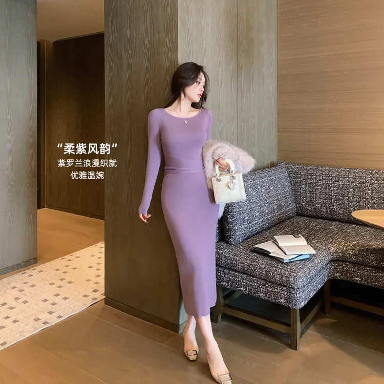 林关关【柔紫风韵】气质女人系带紫色连衣裙秋季韵味百搭显瘦长裙女