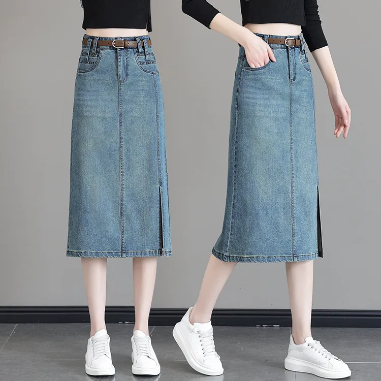 高腰牛仔七分半身裙女2025年秋季新款显瘦侧开叉中长款a字包臀裙