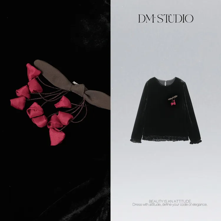 DEDM•STUDIO/气质法式精致樱桃花边显瘦真丝丝绒上衣2508CS/71953