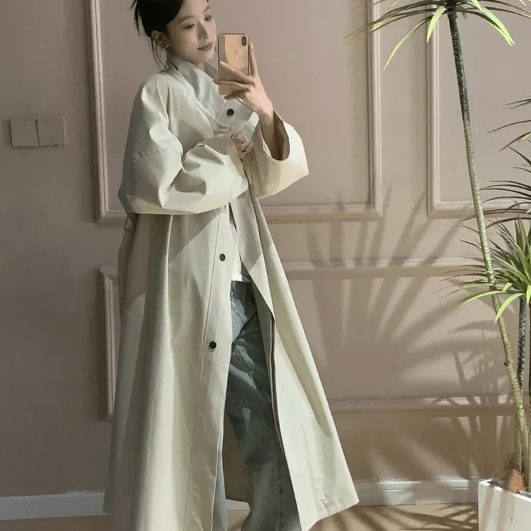 高个子秋季纯色秋季法式中长款春秋风衣宽松休闲风羽绒风衣女大衣