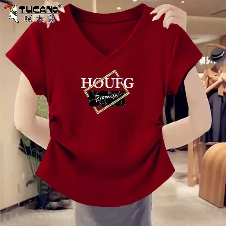 啄木鸟V领短袖t恤女不规则褶皱夏季2025新款洋气显瘦时尚百搭上衣