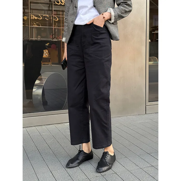 LANGQING 藏青色九分宽松直筒舒适简约休闲裤43326/43412#