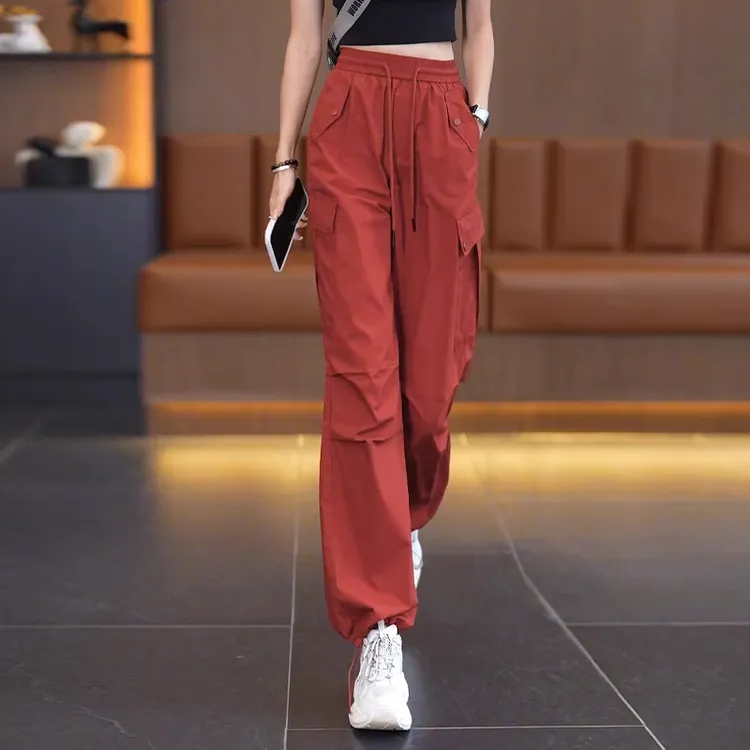 红色美式工装裤女夏季薄款直筒裤2025新款高腰宽松阔腿速干运动裤