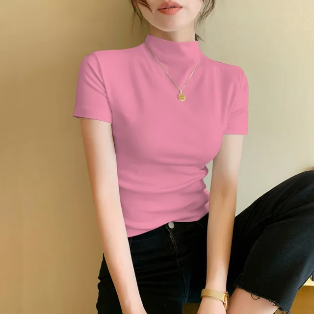 粉色半高领棉短袖t恤女内搭2025夏季新款修身色百搭打底上衣