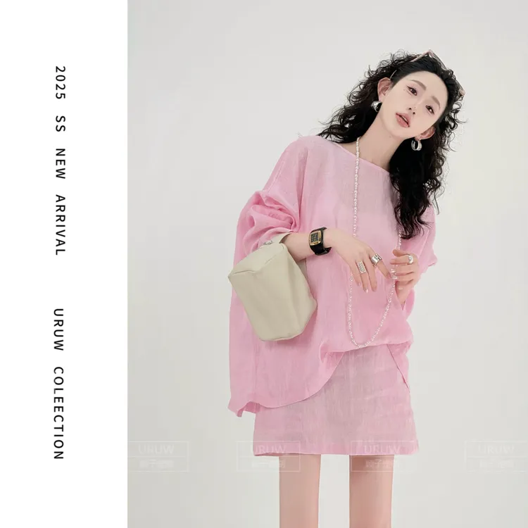 颖子定制【午后阳光】休闲慵懒风亚麻防晒上衣纯色高腰A字短裙9197