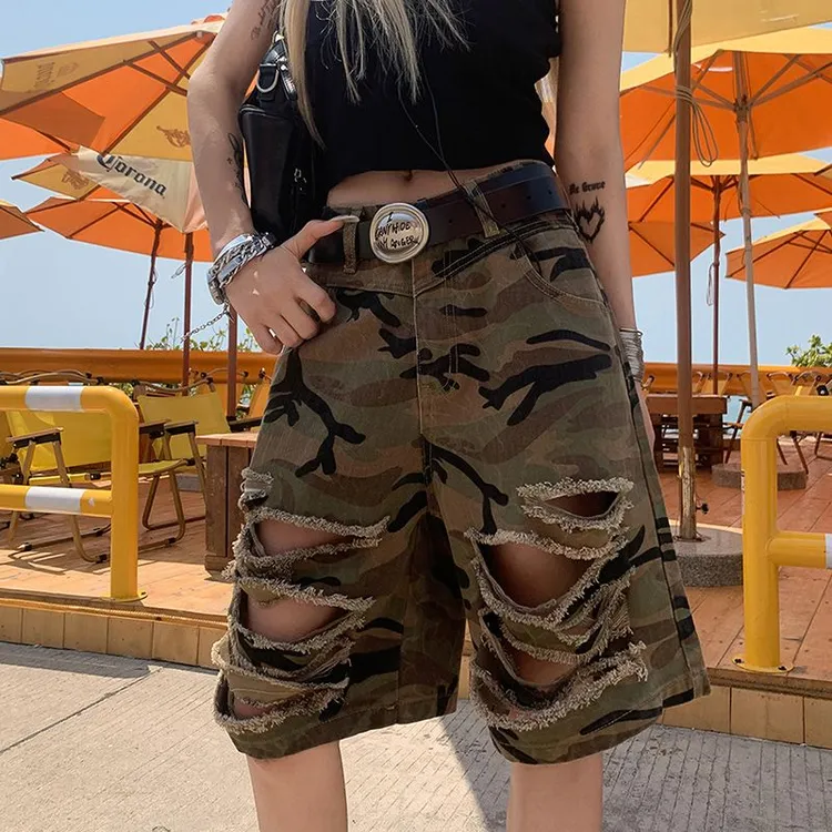 【木木夕】美式高街复古破洞牛仔短裤夏季宽松高腰直筒百搭五分裤女