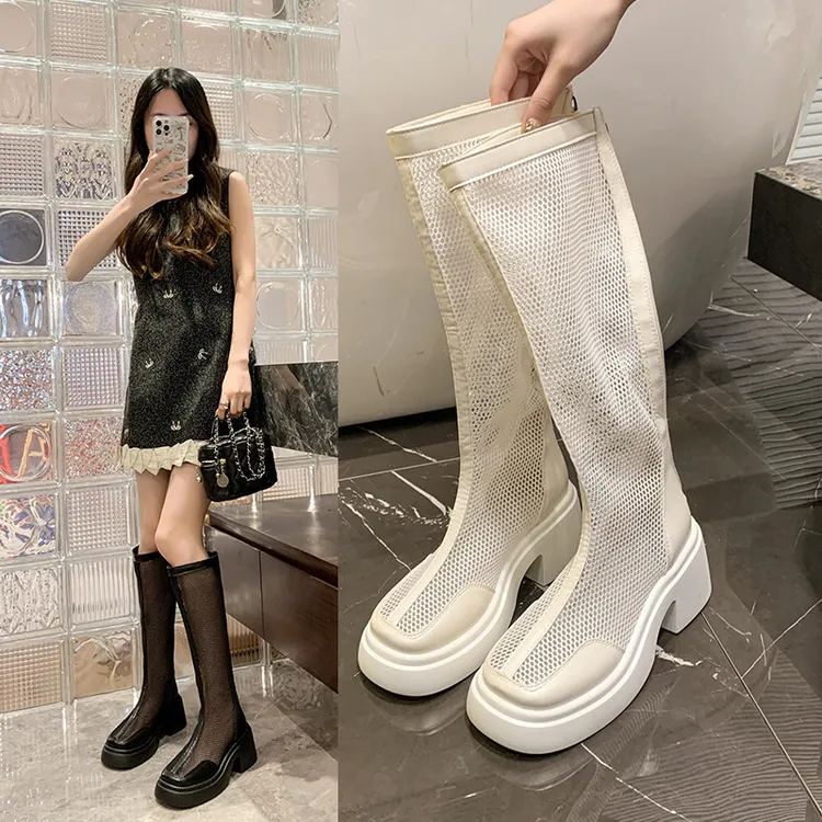薄款透气长筒靴新款夏季仙女风高筒镂空圆头网纱女鞋厚底