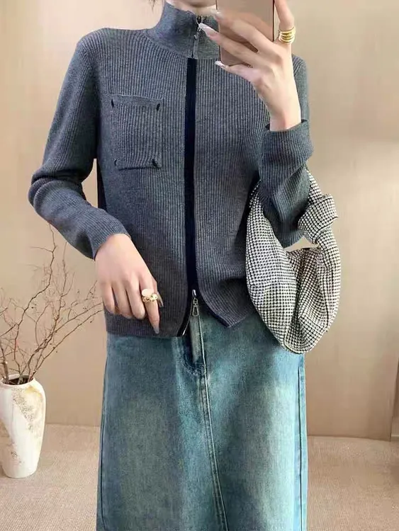 门襟撞色早春气质细羊毛针织外套女装修身双头拉链立领开衫上衣