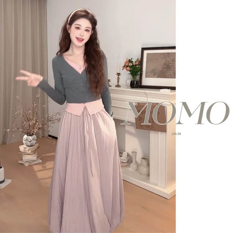 【现货+运补】温柔风假两件撞色短款针织衫上衣半身裙两件套0561