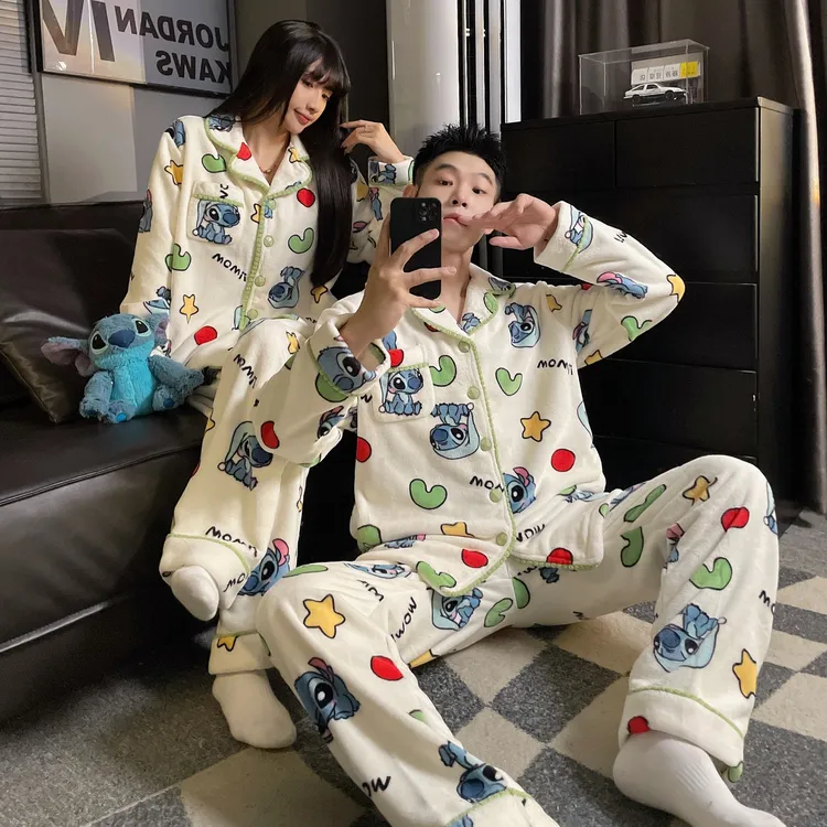 情侣睡衣女款秋冬季珊瑚绒加绒加厚可爱卡通法兰绒男士家居服套装