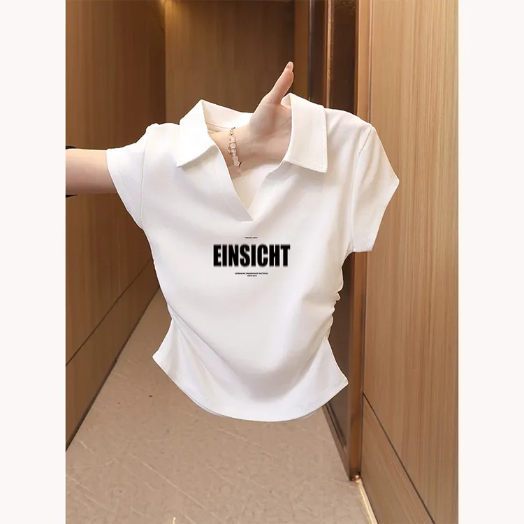 收腰侧边褶皱白色短袖T恤女V领女士上衣修身短款polo领打底衫夏季