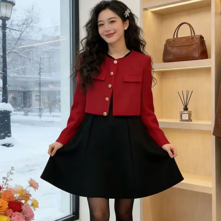 6083新年款轻奢遮肚子中长款砍袖连衣裙长袖外套