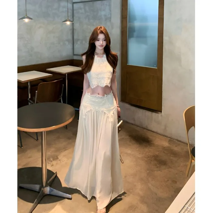 设计感蕾丝拼接气质无袖背心上衣女夏季时尚套装高腰半身裙两件套