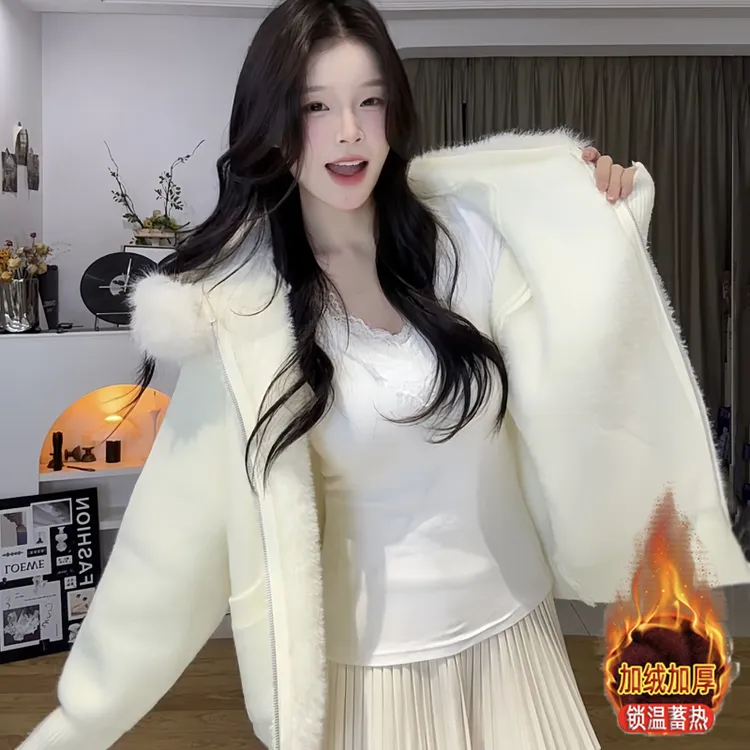 温柔加绒加厚连帽拉链针织外套女毛领一体绒春秋冬韩系慵懒风开衫