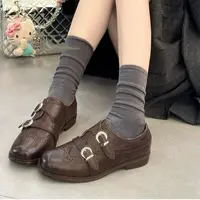 SUSU  双扣简约英伦风气质复古小皮鞋平底乐福鞋女 7052右12