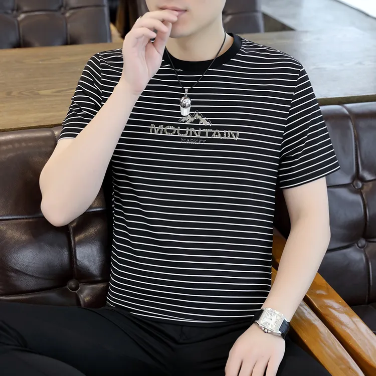 条纹夏季T恤男士贴身打底短袖时尚半袖字母百搭休闲男装圆领薄款