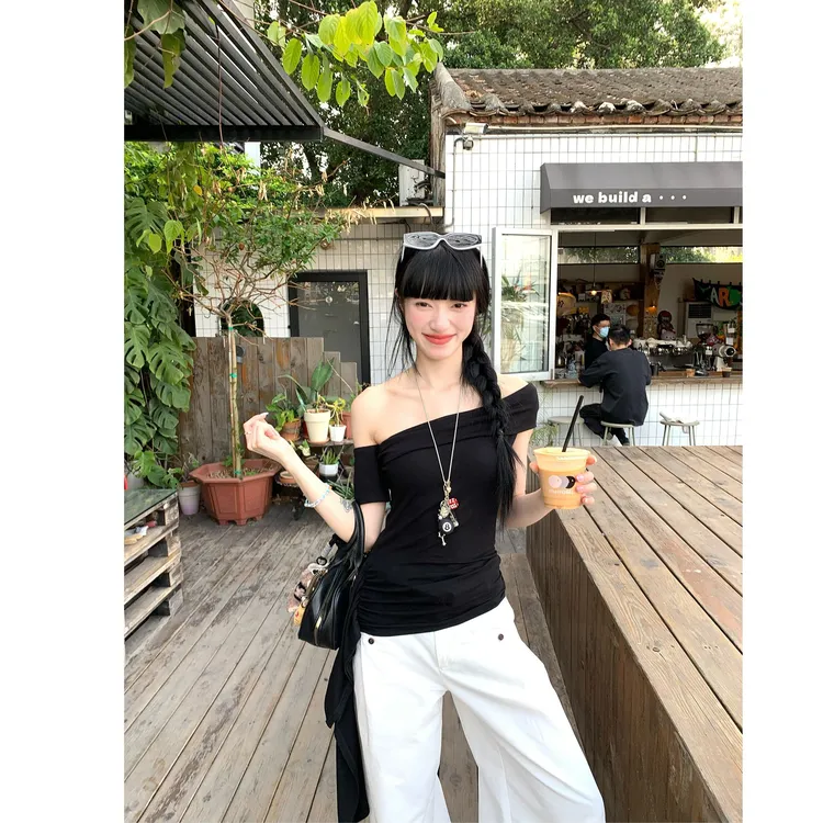 WSMY设计感辣妹风纯色飘带一字领T恤女夏季气质chic收腰露肩上衣